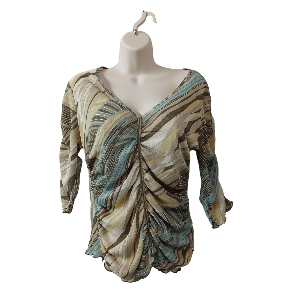 Vintage Y2K Clio Women Lg Abstract Mesh Knit Cropped‎ Ruched V-Neck  Top Blouse
